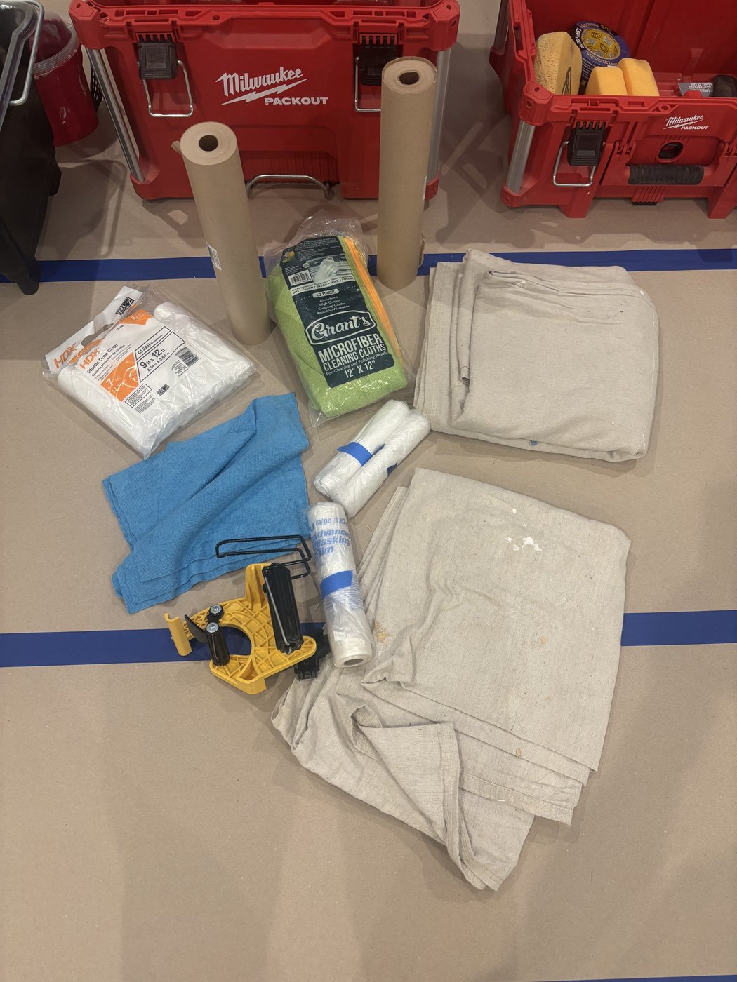Painting prep supplies staged and organized